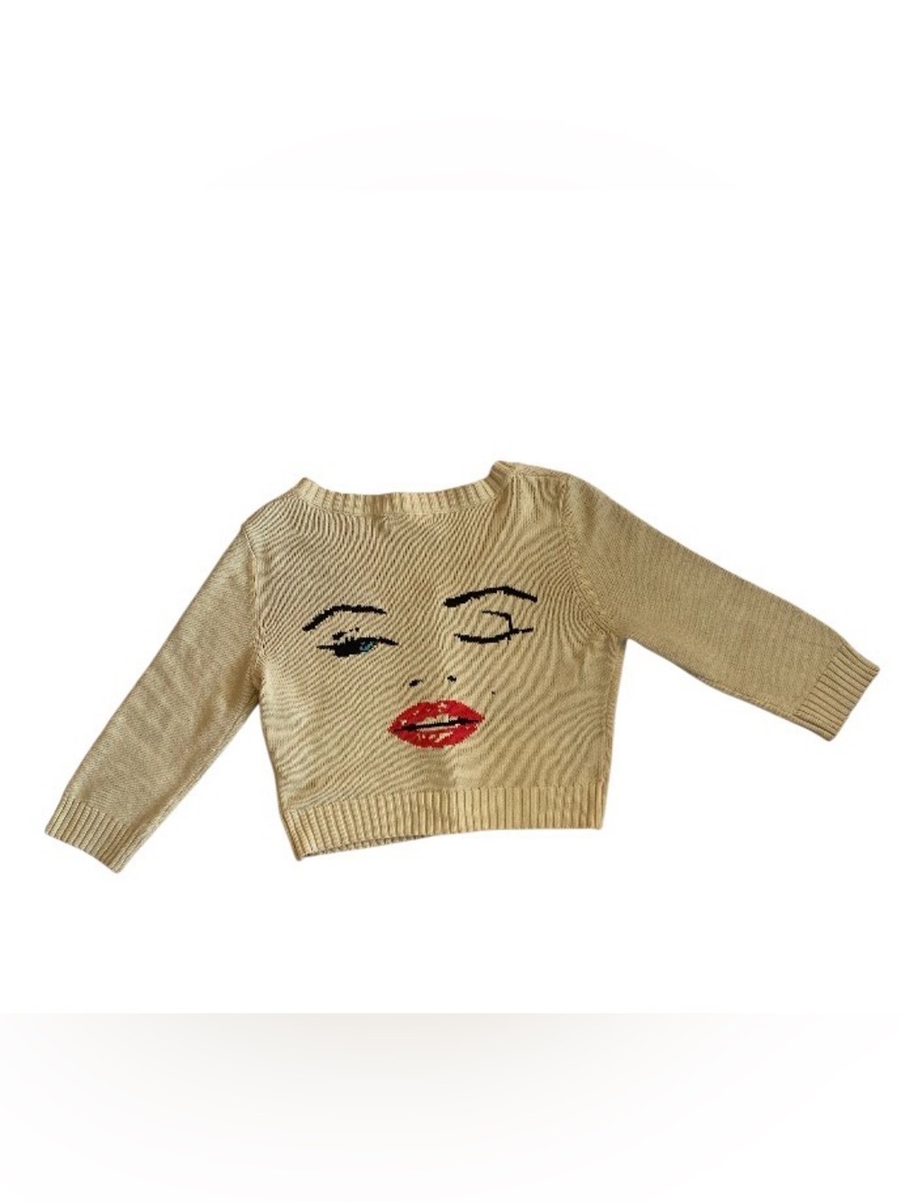 RARE Vintage Betsey Johnson Marilyn Monroe Wink Cropped Sweater Cream sz L Y2K - Picture 10 of 16